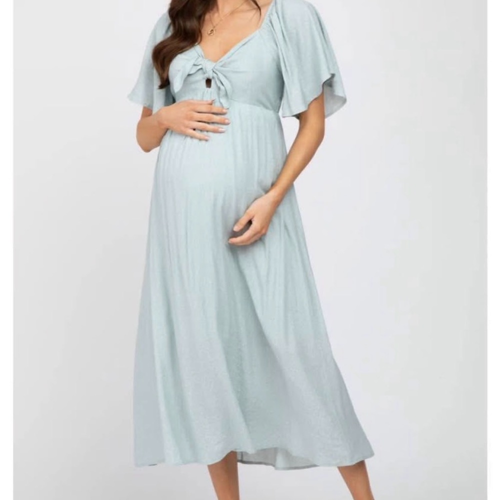 Pink blush maternity light blue front tie dress